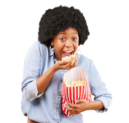 Portrait, eating and black woman with popcorn in movie, streaming service or cinema. Face, food and...