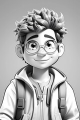Coloring page, coloring book ,portrait of a boy , boy with glasses , white background ,cartoon person