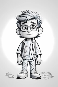Coloring page, coloring book ,portrait of a boy , boy with glasses , white background ,cartoon person