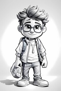 Coloring page, coloring book ,portrait of a boy , boy with glasses , white background ,cartoon person