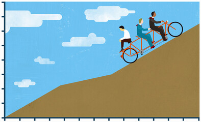 Businessmen struggling to cycle up graph carrying lazy colleague