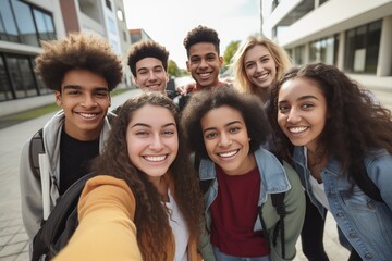 Group of young students smiling in the city portrait