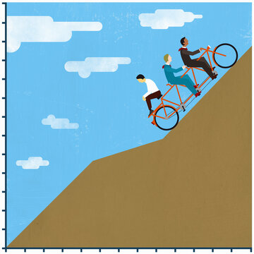 Businessmen struggling to cycle up graph carrying lazy colleague