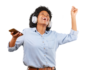 Dancing, music headphones and a woman with a phone for streaming playlist. Smartphone, excited and african person listening to radio, audio or sound online isolated on transparent, png background