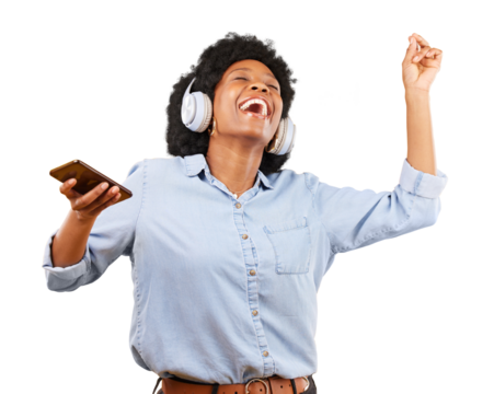 Dancing, music headphones and a woman with a phone for streaming playlist. Smartphone, excited and african person listening to radio, audio or sound online isolated on transparent, png background