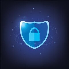 Security shield with pad lock digital icon on blue background.