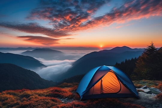 Camping tent in the Mountains, autumn sunrise view fron inside the tent Generative AI