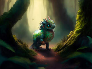 Un dragón bebe de fantasía en un bosque mágico. Vista de frente y de cerca. IA Generativa 