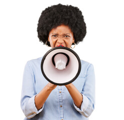 Megaphone, portrait and angry black woman with speech announcement on isolated, transparent or png...