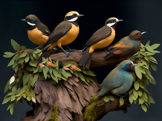Unos pájaros sobre un tronco de un árbol. Vista de frente y de cerca.  IA Generativa