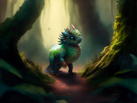 Un drag&oacute;n bebe de fantas&iacute;a en un bosque m&aacute;gico. Vista de frente y de cerca. IA Generativa 