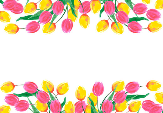 Hand drawn watercolor pink and yellow tulips frame boarder isolated on white background. Can be used for post card, wedding invitation, album and other printed products.