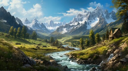 Fototapeta na wymiar Beautiful, breathtaking view on nature landscape with mountains, forest, meadow and lake. Colorful image. Ai generated art