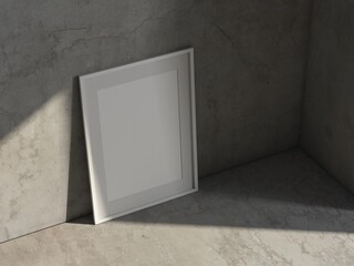 Vertical Art Frame Mockup with passepartout on concrete floor, 3d rendering