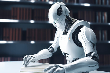 Fototapeta premium AI humannoid robot reading book in library, artificial intelligence concept. Generative AI.