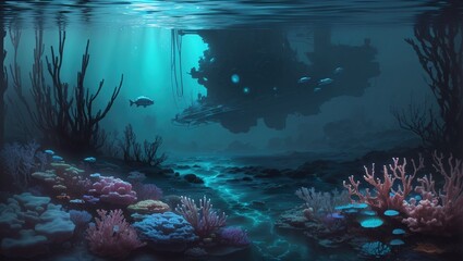 Underwater scene with corals and fish