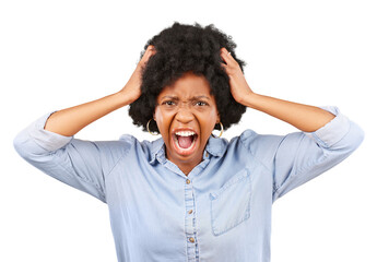 Shouting, anxiety and portrait of angry black woman with hands of frustration on isolated,...