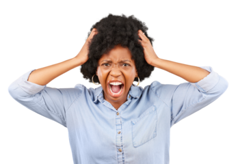 Shouting, anxiety and portrait of angry black woman with hands of frustration on isolated, transparent or png background. Stress, scream and African lady face in mental health, crisis or depression