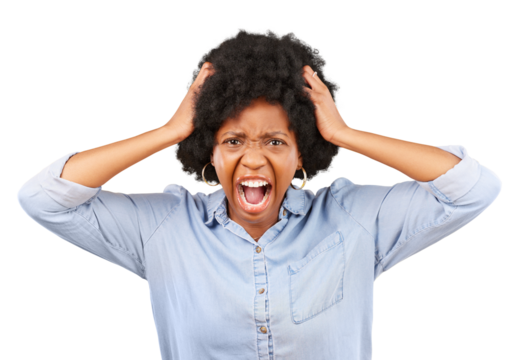Shouting, anxiety and portrait of angry black woman with hands of frustration on isolated, transparent or png background. Stress, scream and African lady face in mental health, crisis or depression