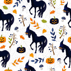 seamless texture for halloween, jack's lantern pumpkins, black unicorn, autumn leaves and branches