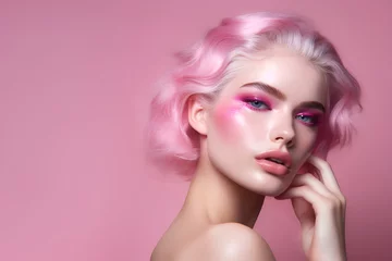 Fashion editorial Concept. Closeup portrait of stunning pretty woman with chiseled features, pink makeup and hair. illuminated with dynamic composition and dramatic lighting. copy text space © Sandra Chia
