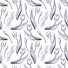 Hand drawn black pencil tulips, buds and leaves seamless pattern isolated on white background. Can be used for textile, fabric, wallpaper and gift-wrapping.