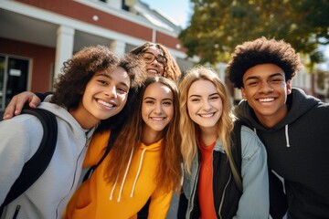 Group of high school students taking a selfie after school - obrazy, fototapety, plakaty