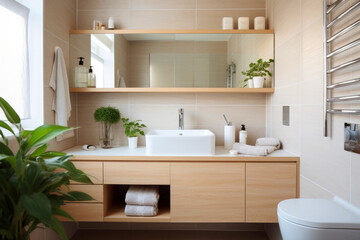 Naklejka na ściany i meble Stylish bathroom interior design with light wood furniture, washbasin, toilet and mirror
