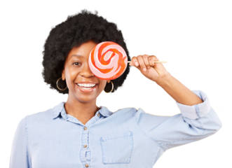 Candy, smile and black woman with lollipop in portrait isolated on a transparent png background. Face, sweets or happy African person with sugar snack, hungry for dessert or eating confectionery food
