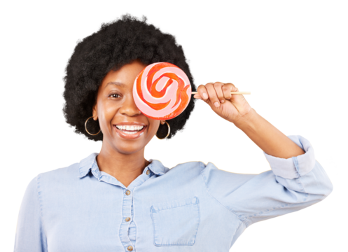 Candy, smile and black woman with lollipop in portrait isolated on a transparent png background. Face, sweets or happy African person with sugar snack, hungry for dessert or eating confectionery food - Powered by Adobe