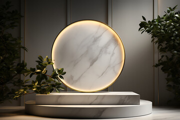 a composition with a sleek marble podium in a minimalist with soft ambient lighting to accentuate the elegance of the promoted product AI  Generative