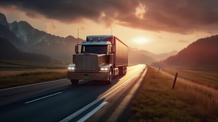 Truck on the road in the mountains at sunset. ai generative