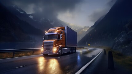 Truck on the road with fog in the background. ai generative