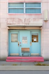 a blue door on a facade of a building with pink wall