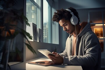 a young dark-skinned man wearing on-ear headphones and watching or reading some content on a laptop indoors , modern sleek interior.
