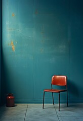 a red chair next to a blue wall