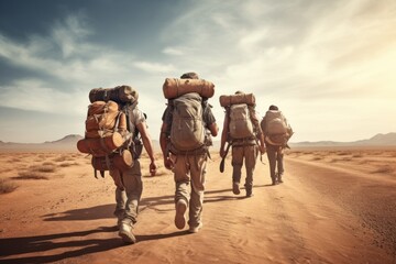 Travelers explore desert landscape during a summer hiking adventure. Group of friends with backpacks and military attire enjoy an outdoor trek at sunset. Concept of nature exploration and active vacat