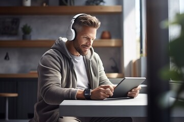 a mature grown-up male adult with silver hair and beard wearing on-ear headphones and watching or reading some content on a laptop indoors , modern sleek interior.