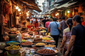 Tourists enjoying delicious traditional Thai dishes at a vibrant street food stall in Bangkok....