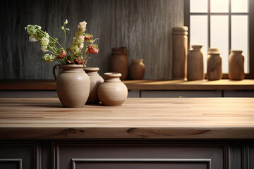 Wooden countertop in a kitchen with beautiful decoration. Perfect for product presentation or background.