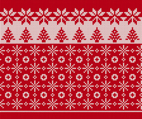 Christmas red background with tree and snoflakes. Knitted sweater print. Xmas geometric border. Holiday knit seamless pattern. Fair isle traditional texture. Festive winter ornament. Vector.