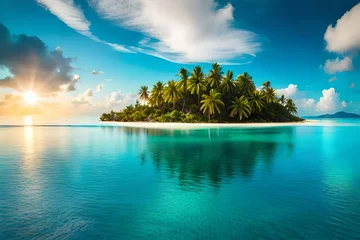 Gordijnen Tropical Island And Coral Reef - Split View With Waterline. Beautiful underwater view of lone small island above and below the water surface in turquoise waters of tropical ocean © DREAM PIC