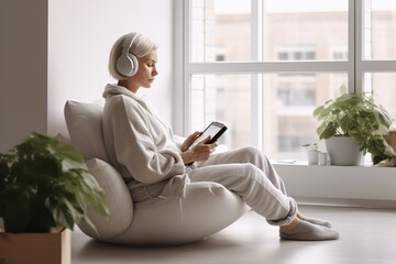 a middle-aged mature caucasian woman wearing on-ear headphones and watching or reading some content on a tablet indoors, modern sleek home interior