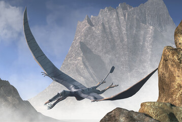 Dorygnathus is an extinct pterosaur that flew in the Jurassic era skies. It had wicked sharp teeth that it used to seize fish. Here a light grey one flies among mountains over a misty valley.  © Daniel Eskridge