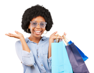 Excited, shopping bags and portrait of a woman or happy customer with sale, discount or promotion. Black female person isolated on a transparent, png background with sunglasses, palm or wow surprise