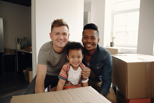 Young male couple and their adopted child moving into their new home apartment