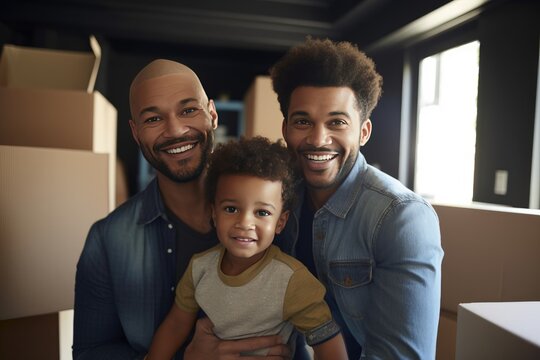 Young male couple and their adopted child moving into their new home apartment