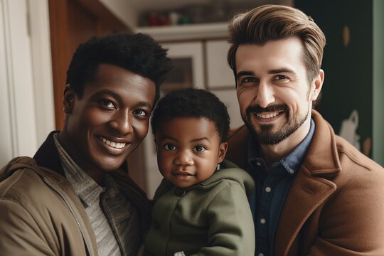 Young male couple and their adopted child at home - Powered by Adobe
