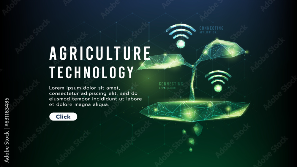 Poster a sapling is growing on the ground.connection to wifi.low polygon design of wifi symbol.hi-tech agri