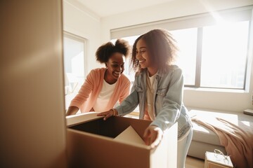 Young female couple moving into their new home apartment